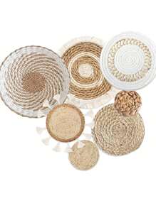 7pcs' Rustic Hanging Boho Flat Woven Farmhouse Rattan Wall Decor Wall Basket For Living Room Bedroom Decoration,Home Decor ,Room Decor,Wall Decor Gifts Birthday Graduation - Multicolor - View 3