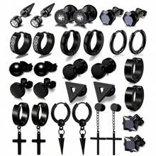 15 Pairs Earrings For Men, Stainless Steel Earrings Kit For Men And Women Fashion Piercing Jewelry Cross Dangle Hoop Earrings Set