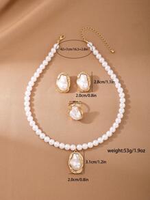 Set de 3 piezas de joyería vintage con marco de metal asimétrico, collar, aretes y anillo con perlas falsas para mujeres