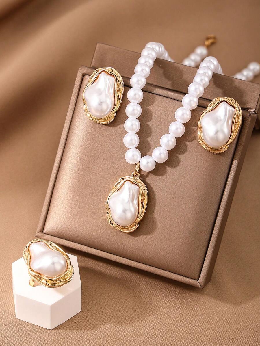 Set de 3 piezas de joyería vintage con marco de metal asimétrico, collar, aretes y anillo con perlas falsas para mujeres