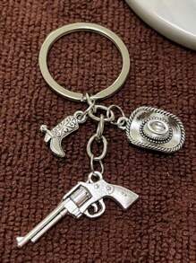 1 pieza Llavero de pistolero vaquero occidental con sombrero vaquero en miniatura, botas de montar y pistola para colgar en la mochila - Plateado - Ver 5