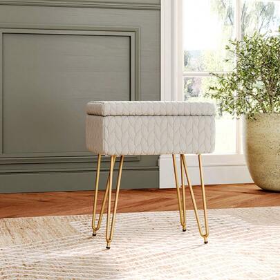 LIVINGANDHOME Living And Home Rectangle Upholstered Storage Beige /Green Ottoman  Padded Vanity Stool Storage Seat Box Makeup Vanity Chair