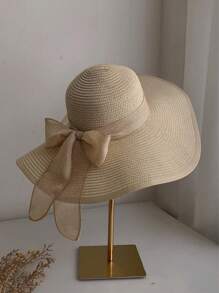 1 件宽边女士草帽，夏季防紫外线蝴蝶结海滩太阳帽，适合女士情人节 - 多色 - 查看 4