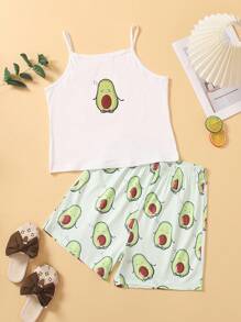 Tween Girl Summer Random Cute Avocado Print Sleeveless Tank Top And Shorts Outfit