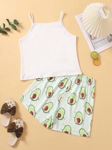 Tween Girl Summer Random Cute Avocado Print Sleeveless Tank Top And Shorts Outfit