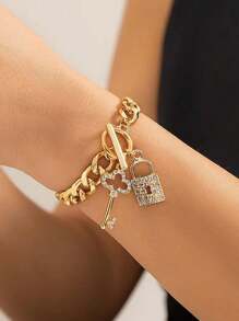 Collar de colgante de llave en forma de candado de cadena punk europeo y americano para mujeres, clásico y de moda, pulsera geométrica con hebilla OT y cadena microincrustada