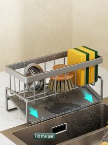 1pc Stainless Steel Dishwashing Sponge/Scrubber And Towel Rack With Drainage For Kitchen, Multi-Purpose Storage Shelf For Countertop And Wall Mount (Optional With Towel Rod) - Grey - View 7