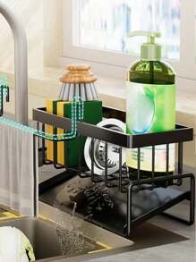 1pc Stainless Steel Dishwashing Sponge/Scrubber And Towel Rack With Drainage For Kitchen, Multi-Purpose Storage Shelf For Countertop And Wall Mount (Optional With Towel Rod) - Grey - View 3