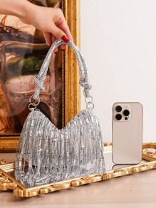 閃爍的鑽石裝飾流蘇手拿包，優雅的女士聚會手袋 - 銀色 - 查看 5