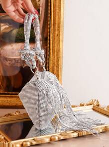 閃爍的鑽石裝飾流蘇手拿包，優雅的女士聚會手袋 - 銀色 - 查看 4