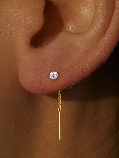 1 Pair Of Sterling 925 Silver Hypoallergenic Ear Jewelry Sparkling Cubic Zirconia Decor Chain Design Dangle Earrings Simple Bling Bling Style Female Gift