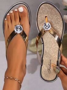 Chancletas de mujer con adornos de diamantes de imitación, zapatillas brillantes de unicolor, punta abierta, suela plana, cómodas, sandalias de playa al aire libre - Dorado - Ver 1