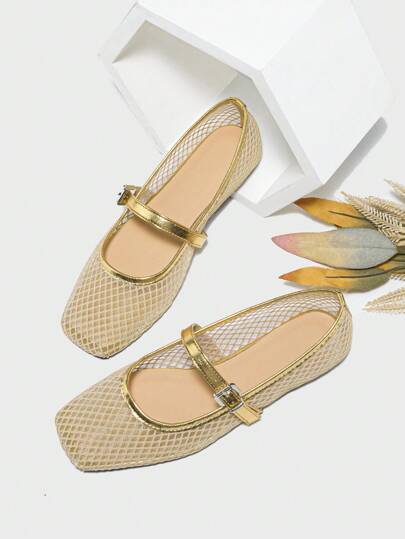 New Ballet Flats For Women, Spring Square Toe Flat Shoes, Solid Color Breathable Casual Sandals, Stylish And Comfortable Shoes, Gold