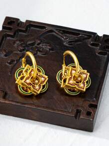 1pair Enamel Matte Retro Colored Circle Earrings With Chinese Style Design, Can Be Worn In Multiple Ways - Small Pearl - View 3