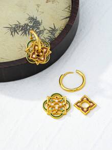 1pair Enamel Matte Retro Colored Circle Earrings With Chinese Style Design, Can Be Worn In Multiple Ways - Small Pearl - View 4