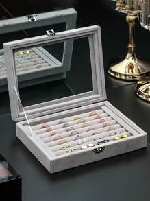 1PC 珠宝收纳盒，天鹅绒珠宝托盘，抽屉式珠宝盒，玻璃透明盖展示盒，戒指收纳托盘，耳环收纳盒，卧室配件，家居收纳用品，女士礼物收纳盒旅行