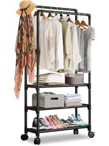 Percheros para Ropa con Ruedas, Perchero para Colgar Ropa con Estante de Almacenamiento Inferior Perchero Móvil Vertical Percha de Doble Barra Percha con Rieles Dobles Soporte de Riel de Ropa - Negro - Ver 3