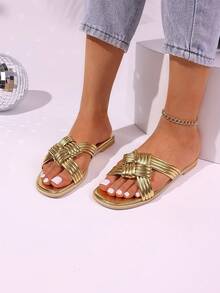 女式編織交叉平底涼鞋，休閒輕便假日拖鞋，日常舒適海灘鞋 - 金色 - 查看 5