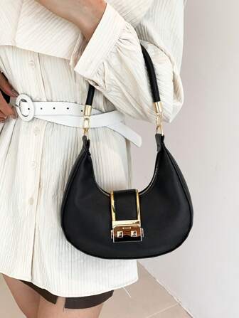 Shoulder Crescent Bag Fashion Buckle Design Gold Border Lock Round Stick Portable Casual Commuter Bag, Tready Crescent Moon Bag For Women