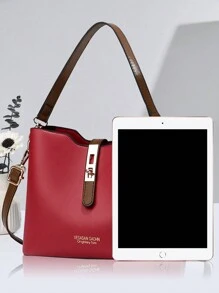 PLANEE 简约多口袋大容量手提包，时尚托特单肩包，斜挎包，女士休闲手提包，单肩包钱包组合，撞色设计，适合通勤、上学和购物，休闲单肩托特包，时尚流浪包购物袋，女士节日礼物 - 酒紅色 - 查看 3