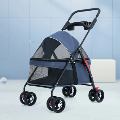 Pet Folding Stroller, Foldable Cat And Dog Stroller With Cup Holder, Breathable Visible Mesh, Suitable For Medium And Small Dogs And Cats