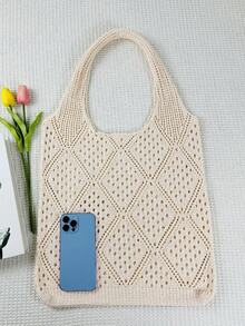 復古中空針織袋，時尚女士肩背沙灘袋，手工編織紡織袋 - 杏色 - 查看 3