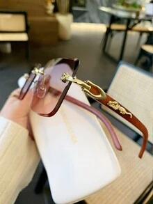 1pc Unisex Leopard Accessory Wood Pattern Temples, Ocean Lens Colorful Rimless Square Fashion Street Shooting Women Fashion Glasses, For Driving, Daily Accessory - Multicolor - View 9