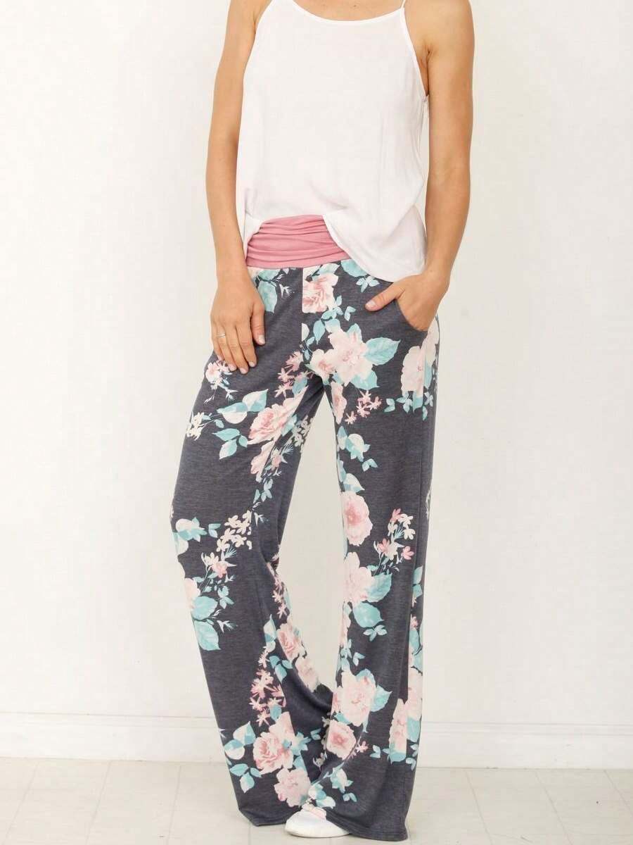 Floral Drawstring Fold Over Band Wide Leg Lounge Pants - Navy Blue - View 1
