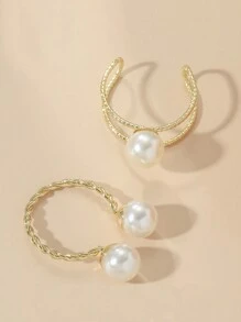 2pcs Vintage Simple Faux Pearl Open Ring Set, Suitable For Banquet,Summer,Jewellery,Festival,Classy - Gold - View 2
