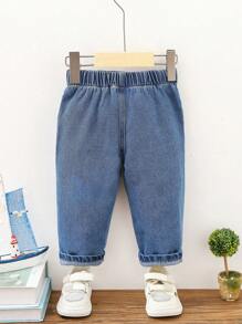 1pc Baby/Toddler Casual Versatile Plain Denim Pants, Suitable For Streetwear And Outdoor - Dark Wash - View 2