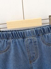 1pc Baby/Toddler Casual Versatile Plain Denim Pants, Suitable For Streetwear And Outdoor - Dark Wash - View 3