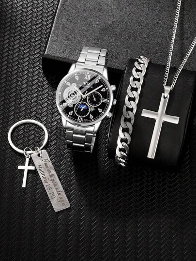 1入兒童新款商務時尚銀鋼帶手錶及3入銀色手鏈十字項鍊十字狗牌鑰匙扣珠寶套裝，畢業季禮物