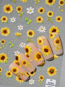 1 pieza de pegatina de uñas grabada en 6D, serie de flores populares de principios de verano, crisantemo, margarita, hojas y otros elementos vegetales, adecuado para que las niñas hagan su propia manicura DIY