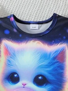 Young Girl Cute Cat Cartoon Print Short Sleeve T-Shirt And Shorts Casual Comfortable 2pcs Set, Summer - Blue - View 5