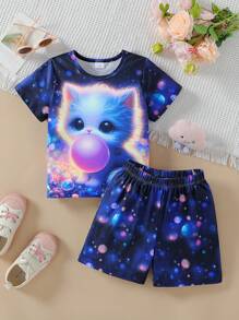 Young Girl Cute Cat Cartoon Print Short Sleeve T-Shirt And Shorts Casual Comfortable 2pcs Set, Summer - Blue - View 3
