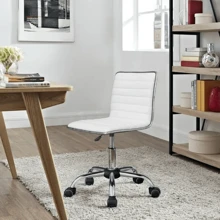 Furniwell Mid Back Vanity Chair For Makeup Room, Low Back PU Leather Swivel Computer Desk Chair, Task And Office Chair Retro With Armless Ribbed - White - View 3