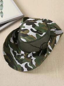 1頂夏季透氣迷彩網眼防曬帽，戶外旅行寬邊防紫外線釣魚帽，適用於男女 - 軍綠色 - 查看 3