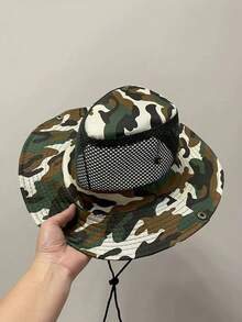 1頂夏季透氣迷彩網眼防曬帽，戶外旅行寬邊防紫外線釣魚帽，適用於男女 - 軍綠色 - 查看 4