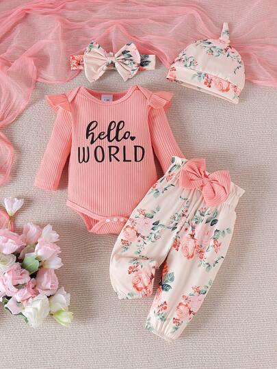 2pcs Baby Girls' Lovely Printed Long Sleeve Top + Pants Hat Headband Lightweight Spring/Autumn Outfits