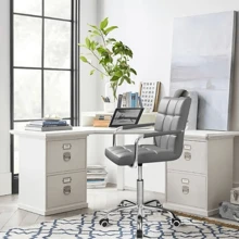 Furniwell PU皮革中背辦公椅，可調節高度辦公桌椅，帶扶手360度旋轉 - 灰色 - 查看 5