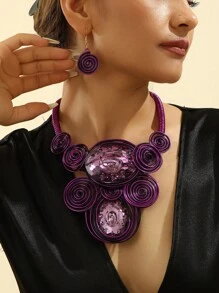 誇張的多層手工編織時尚復古鋁線、亞克力、玻璃和水晶派對假期頸鍊和耳環套裝 - 彩色 - 查看 8