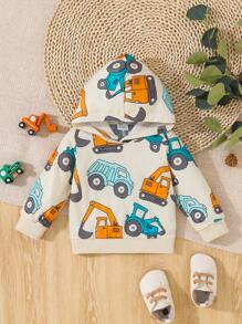 嬰兒男童卡通印花帶有交通工具圖案的連帽休閒長袖運動衫 - 淺灰色 - 查看 1