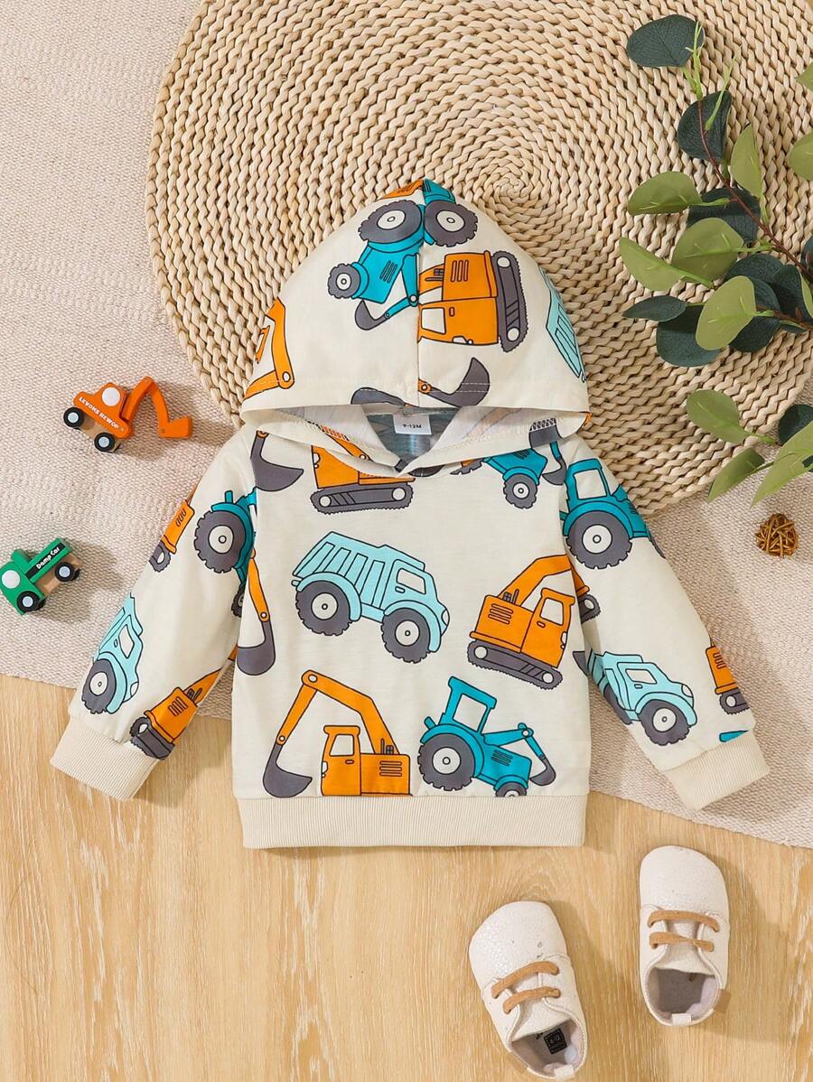 嬰兒男童卡通印花帶有交通工具圖案的連帽休閒長袖運動衫 - 淺灰色 - 查看 1