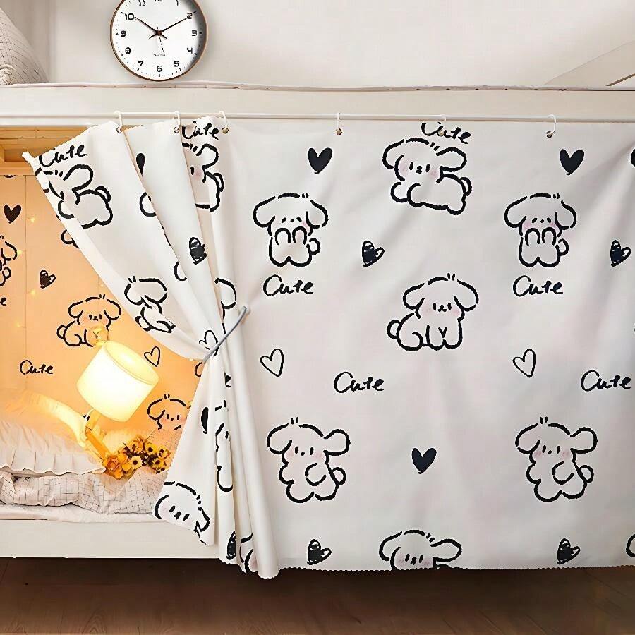 1入組小狗圖案學生床帳幔，宿舍遮光窗簾，隱私門簾，短窗簾