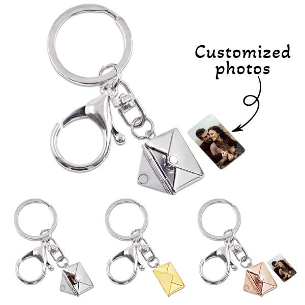 Gepersonaliseerde fotosleutelhanger, gepersonaliseerde sleutelhangers met foto's in envelopvorm, aanpasbare sleutelhanger van roestvrij staal, gepersonaliseerde verjaardagscadeaus, zelfgemaakte sleutels, geschikt voor bruiloften, verjaardagen, jubilea, Valentijnsdag, geschikt voor schooltassen, handtassen, stijlvolle rugzakken, cadeau-ideeën voor moeder, vader, vrouw, echtgenoot, vriendin, vriend