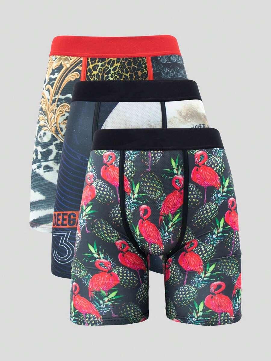 3 件/包 男士印花长款平角内裤 - 彩色 - 查看 1