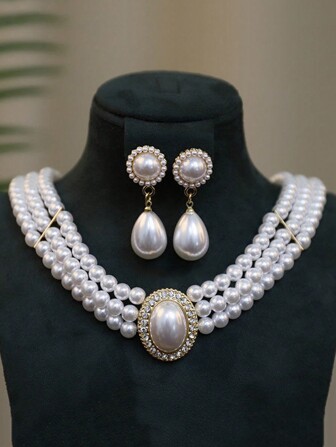 1pair Earrings & 1pc Necklace Elegant Vintage Pearl Charismatic Unique & Luxurious Design Collarbone Chain Set