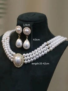 1對耳環和1件項鍊，優雅復古珍珠吸人眼球，獨特而奢華的設計，鎖骨鍊套裝 - 彩色 - 查看 5