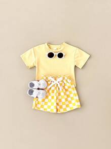 2 件套男童休闲纯色短袖 T 恤格纹双色短裤，夏季