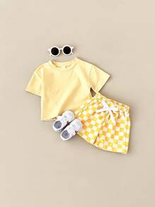 2 件套男童休闲纯色短袖 T 恤格纹双色短裤，夏季